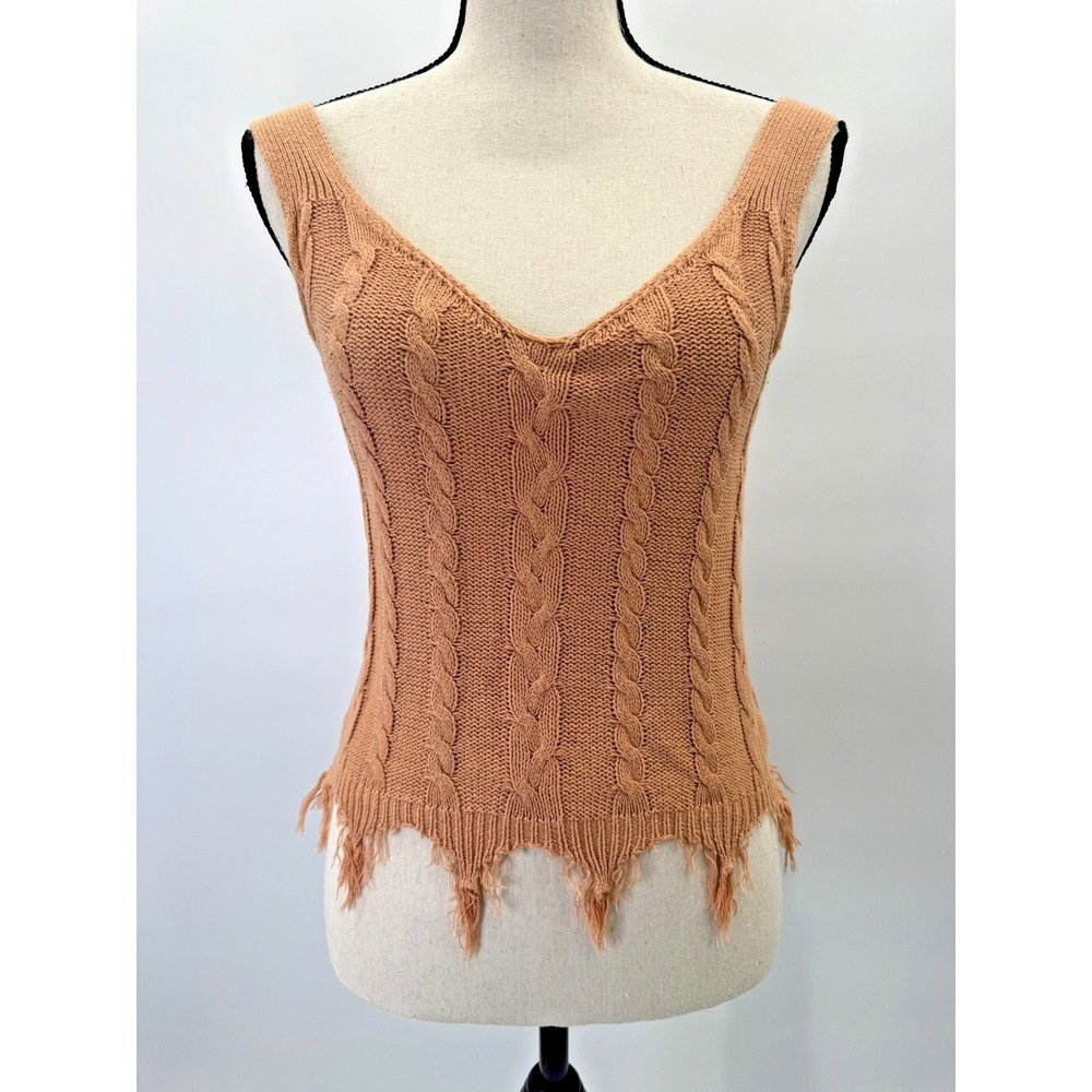 Boho Festival Cable Knit Crochet V-Neck Top Small Fringe Tan Coral Western Beach